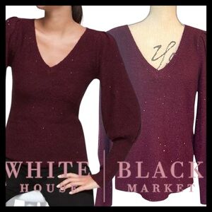 White House Black Market Merlot Micro Sequin V-Neck Puff Sleeve Sweater (L)